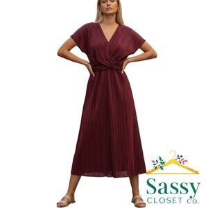 Anne Klein Red V Neck Empire Waist Maxi Dress Lined Short Sleeve Side Slit Sz M